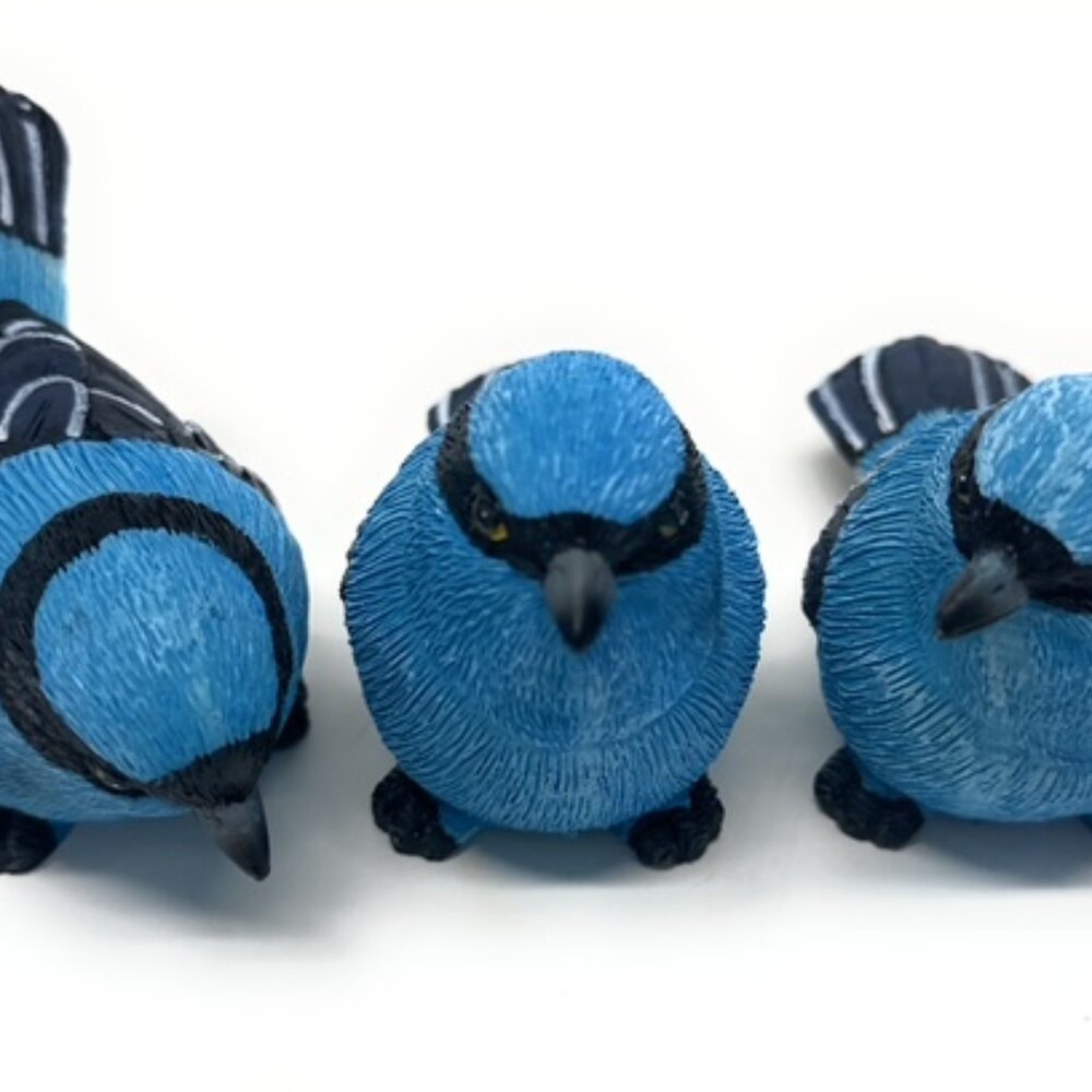 Set of 3 Small Masked Blue Birds, 3 different Poses. 4" x 2 1/2 " x 1 3/4"